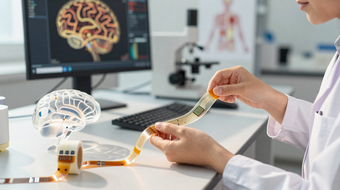 Investigadora a segurar circuito flexível com modelo 3D de cérebro e ecrã com imagens cerebrais ao fundo.