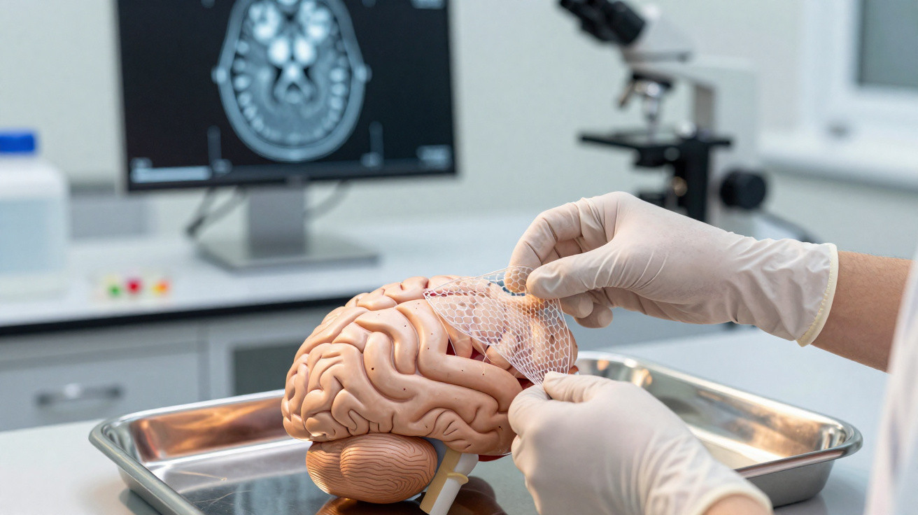 Mãos com luvas a colocar uma malha sobre um modelo anatómico de cérebro numa bandeja metálica num laboratório médico.