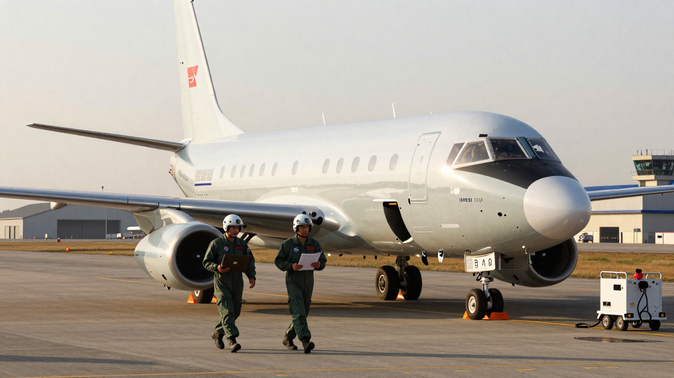 Avião branco estacionado no aeroporto com dois pilotos de macacão verde a caminhar na pista.