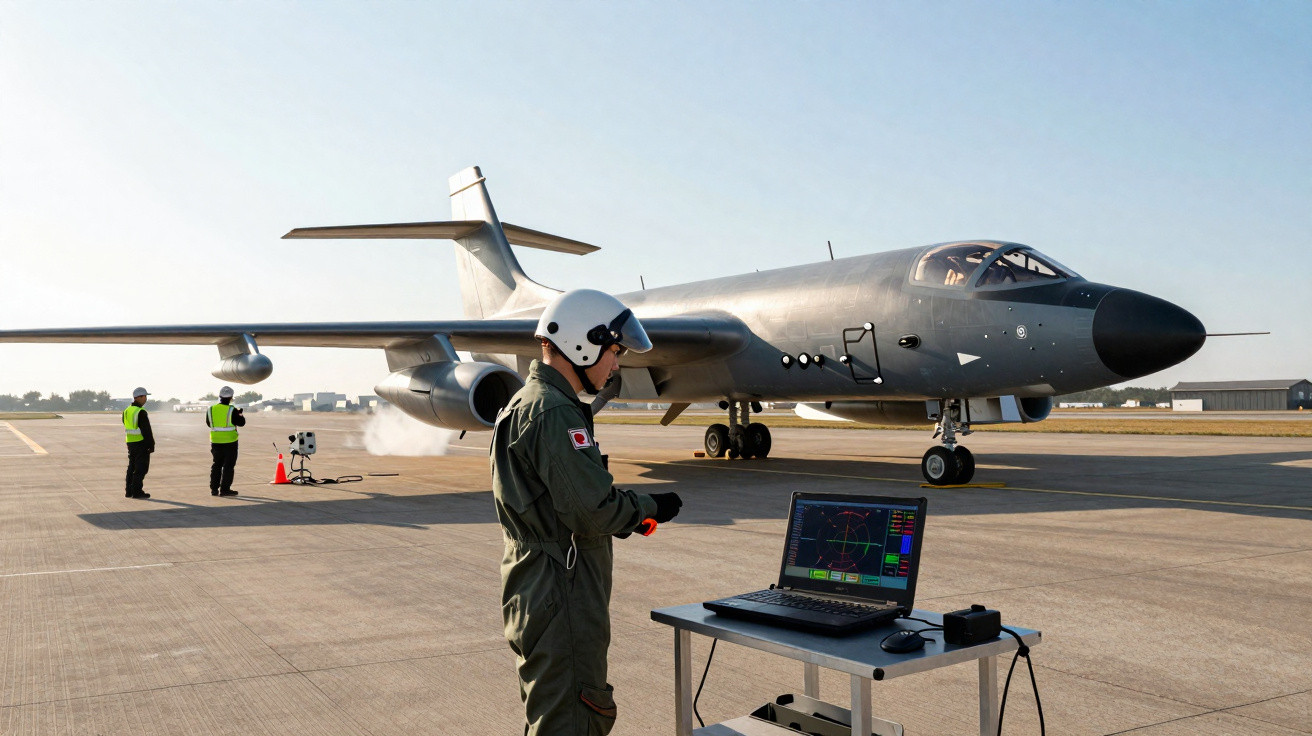 Militar em fato de voo junto a computador portátil observa jato militar cinzento numa pista de aeroporto.