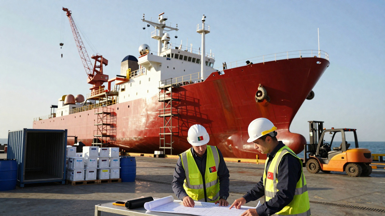 Dois trabalhadores portuários com capacetes e coletes amarelos analisam plantas junto a um navio vermelho atracado.