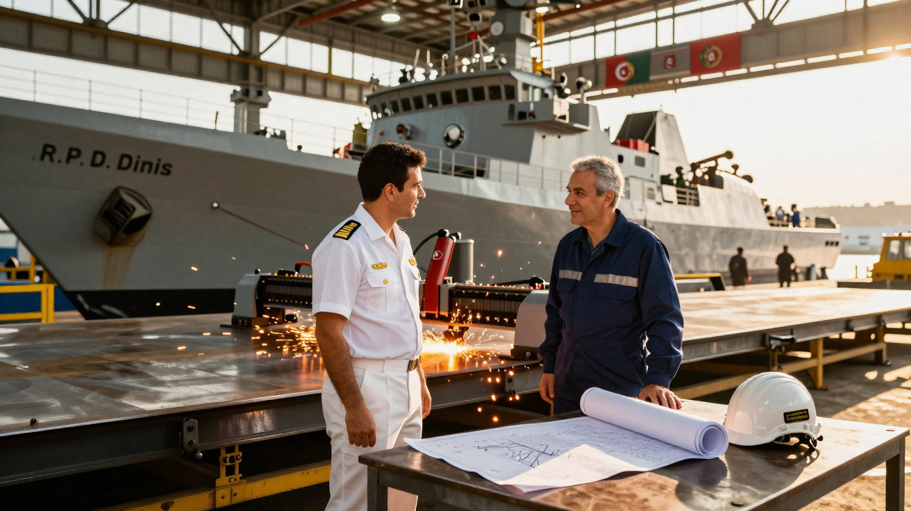 Dois homens em uniforme, um naval e outro de trabalho, conversam junto a uma mesa com plantas, um capacete e um navio ao fund