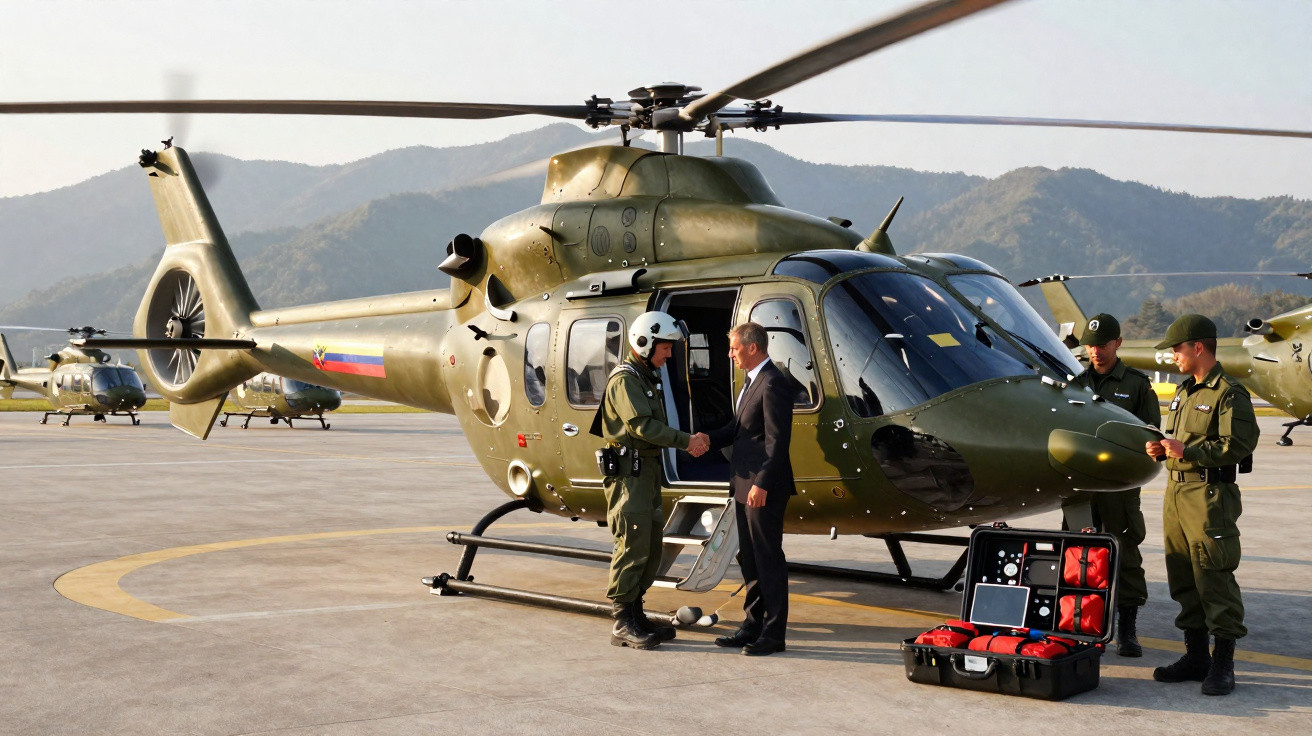 Helicóptero militar verde com soldados e civil a cumprimentarem-se na pista de descolagem com montanhas ao fundo.