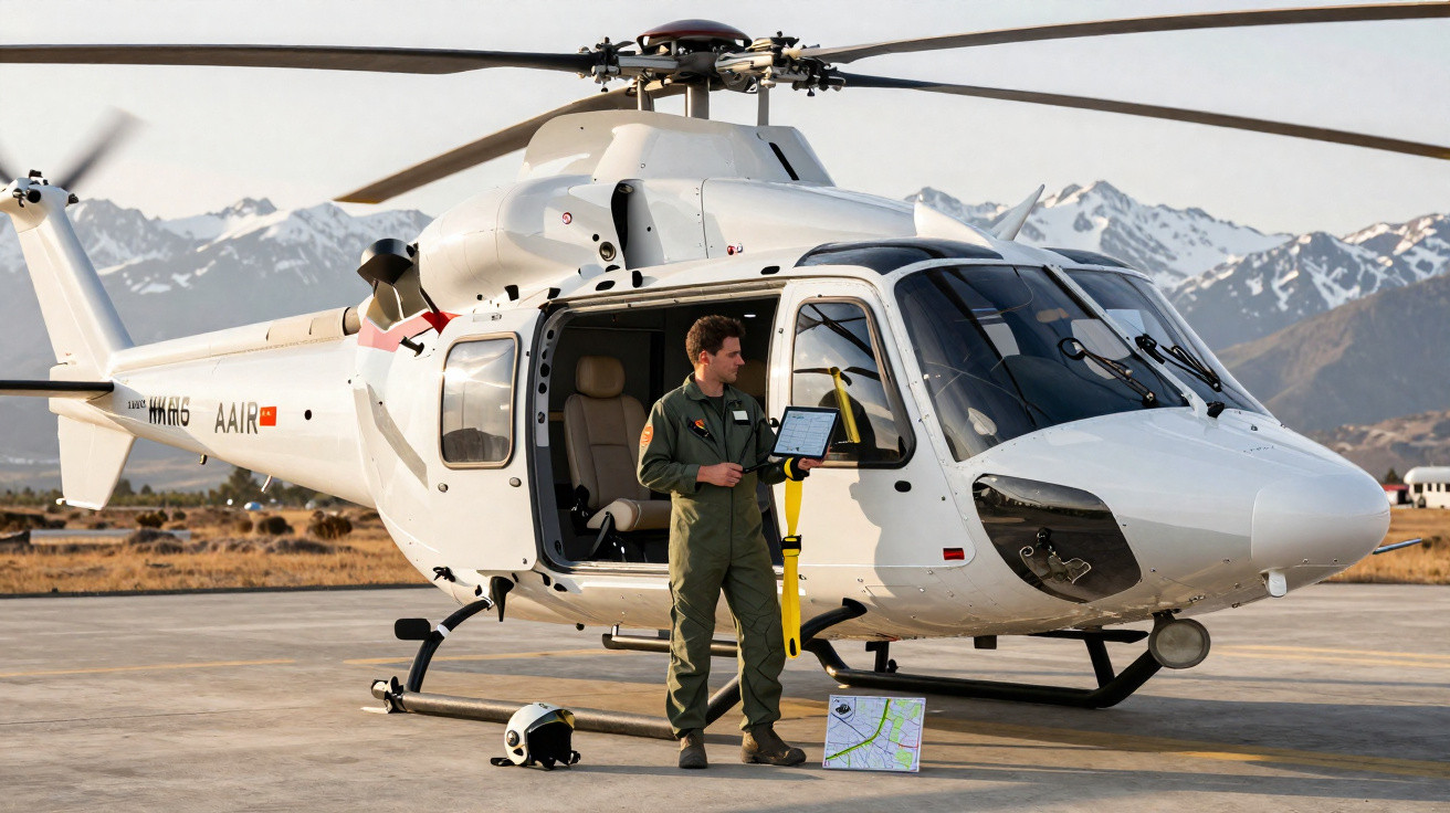 Homem com fato militar verde inspeciona helicóptero branco estacionado com montanhas ao fundo.