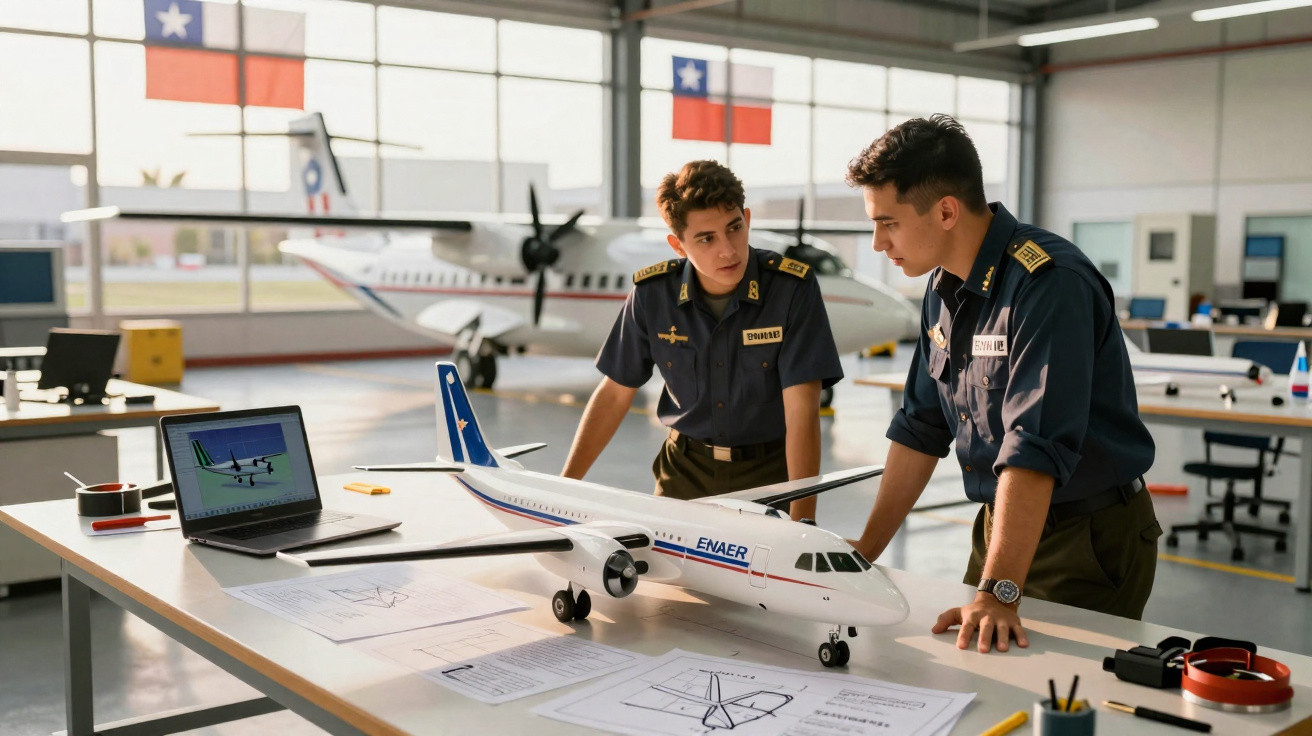 Dois jovens em uniforme militar analisam maquete de avião num hangar com bandeiras do Chile ao fundo.