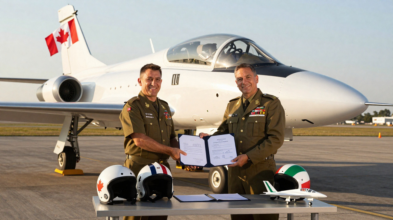 Dois militares em uniforme assinam documento em frente a avião branco com bandeira do Canadá na cauda.