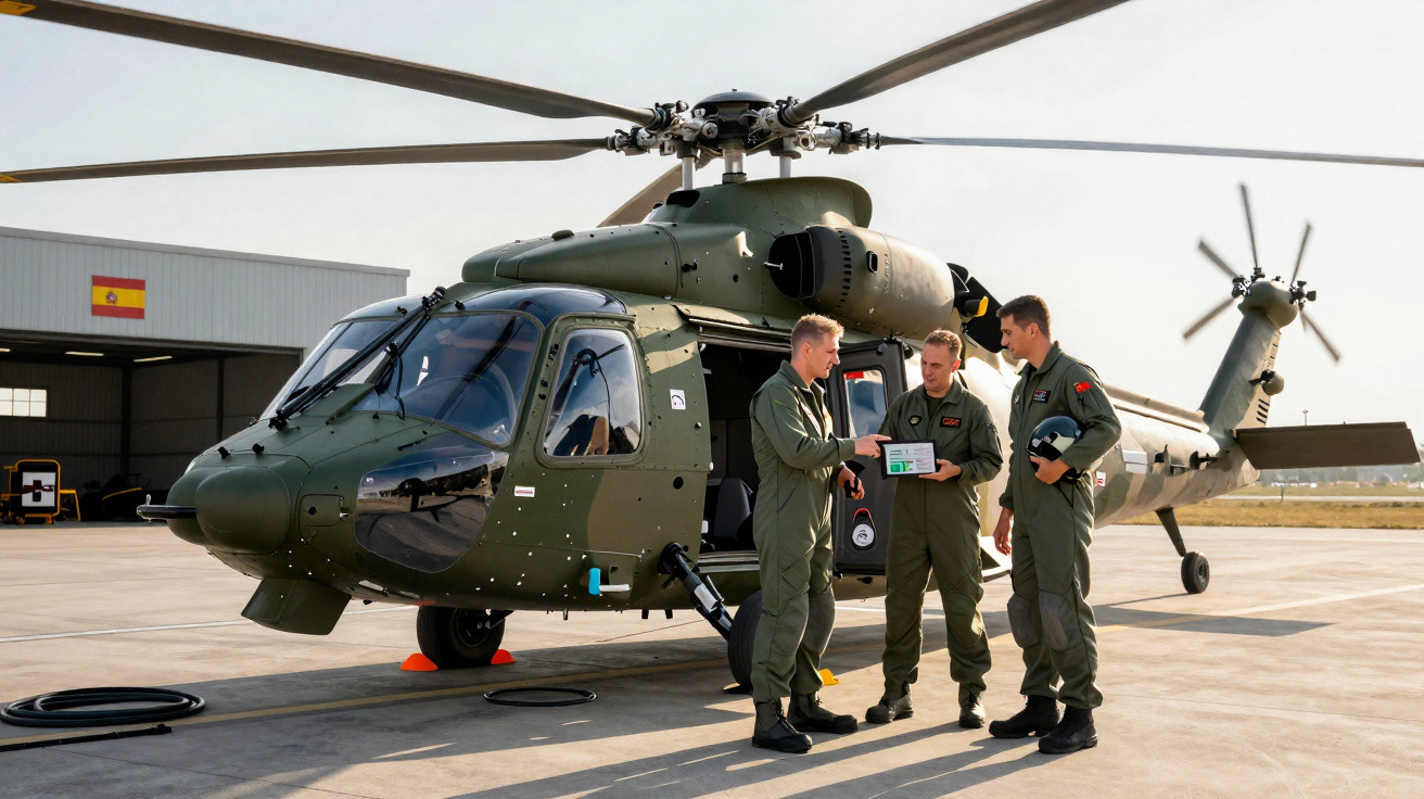 Helicóptero militar verde com três pilotos em fatos de voo a discutir junto à porta aberta numa pista de aeroporto.