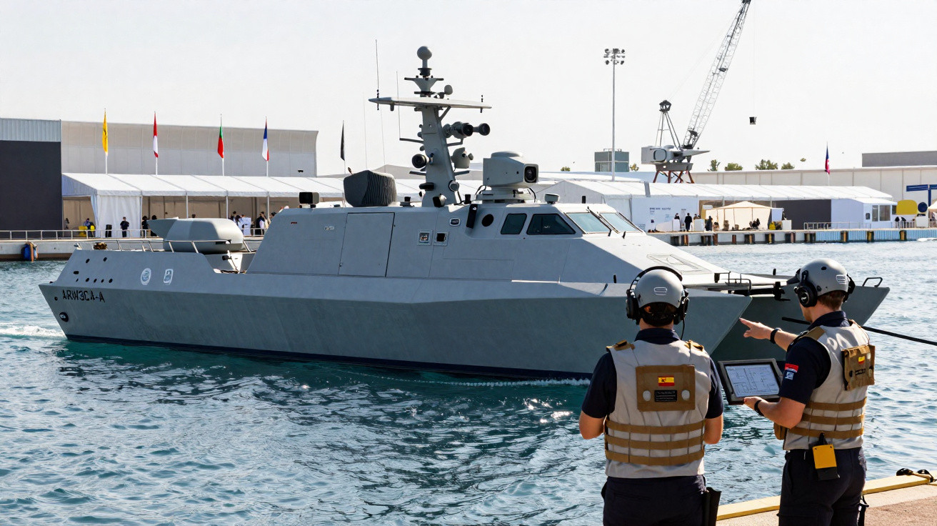 Patrulha marítima militar cinzenta atracada, com dois marinheiros com coletes e capacetes a observar no cais.