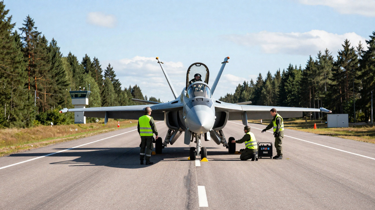 Jato militar na pista com três técnicos em coletes refletivos a fazer manutenção junto às rodas.