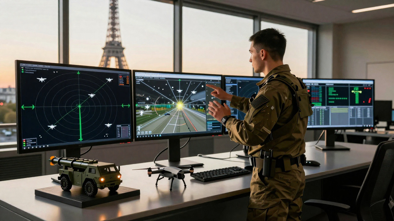 Soldado operativo em controlo de drones e veículos militares, com vista para a Torre Eiffel ao fundo.