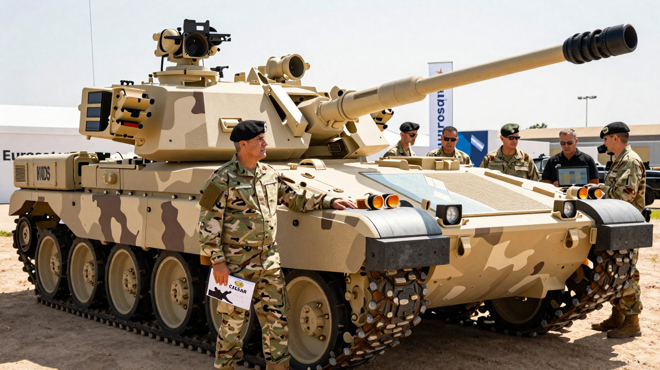 Tanque de combate camuflado com vários soldados militares ao redor em ambiente aberto.