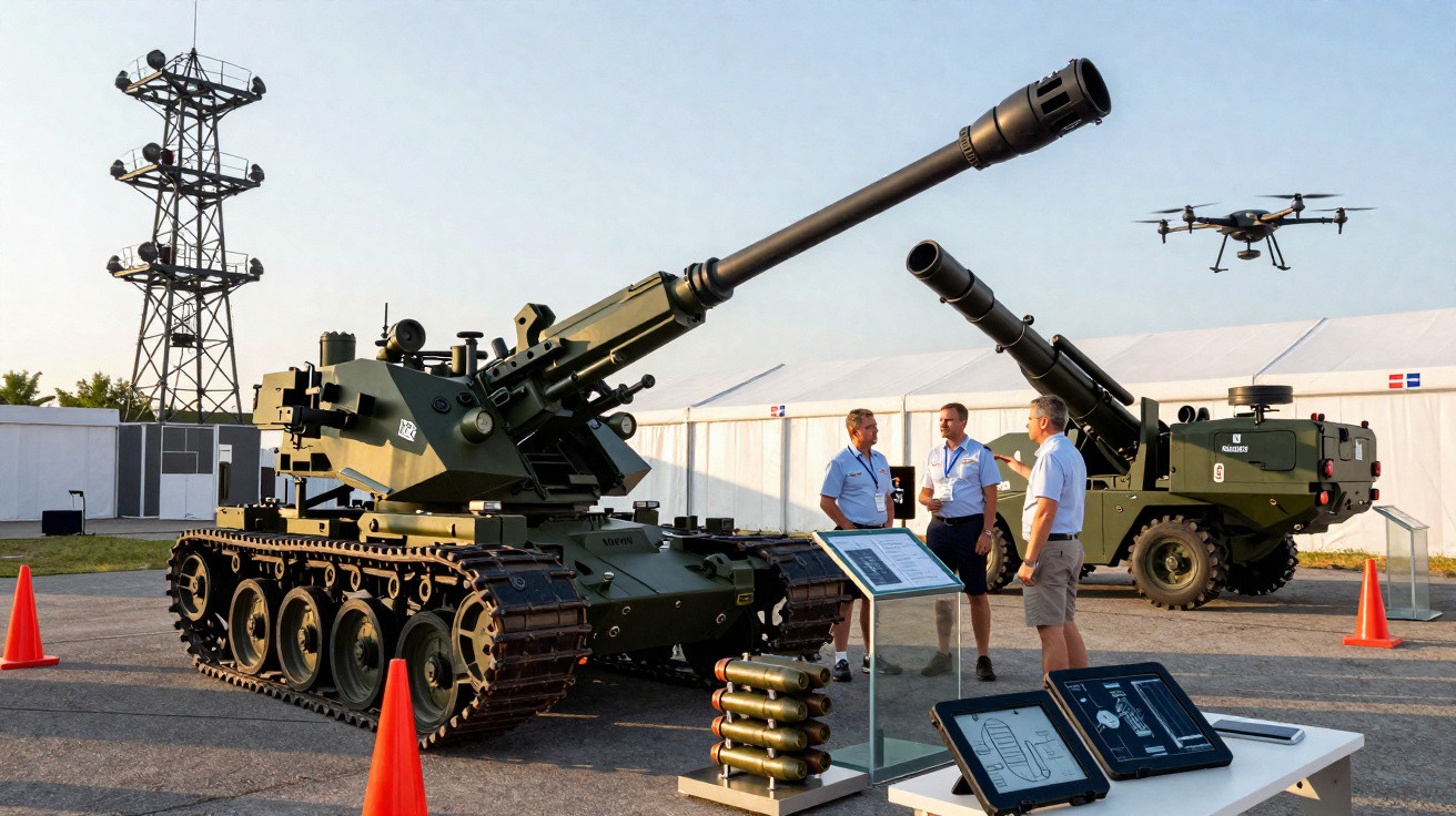 Exposição ao ar livre com obuses militares, dronem e três homens a conversar junto ao equipamento.