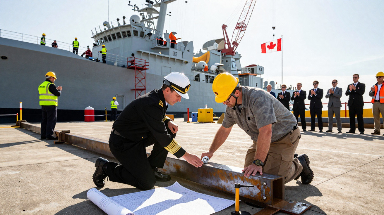 Dois homens, um com uniforme naval e outro com capacete amarelo, assinam ferro estrutural em cais com navio ao fundo.