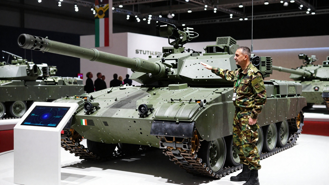 Homem em uniforme militar ao lado de um tanque de guerra verde em exposição indoor.