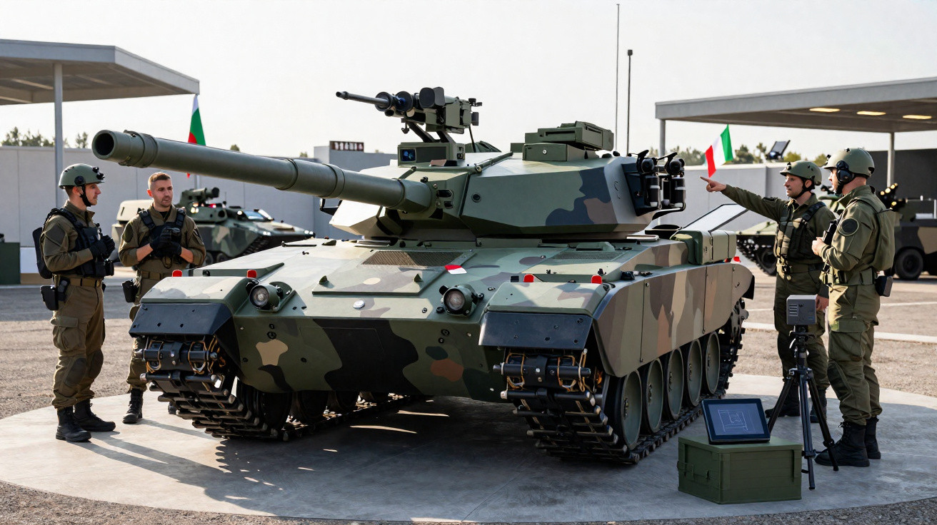 Tanque militar camuflado rodeado por quatro soldados fardados em área aberta com edifícios ao fundo.
