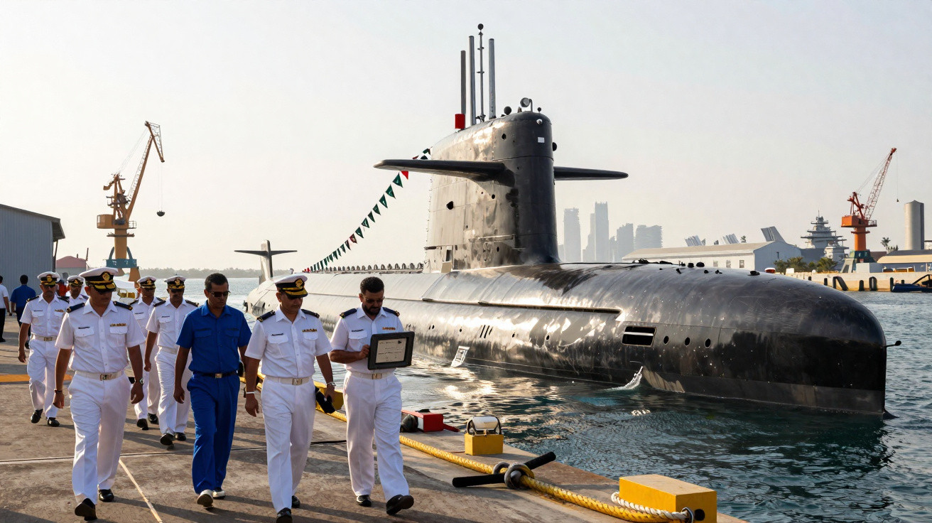Submarino militar atracado com marinheiros em uniforme branco e azul a caminhar no cais ao lado.