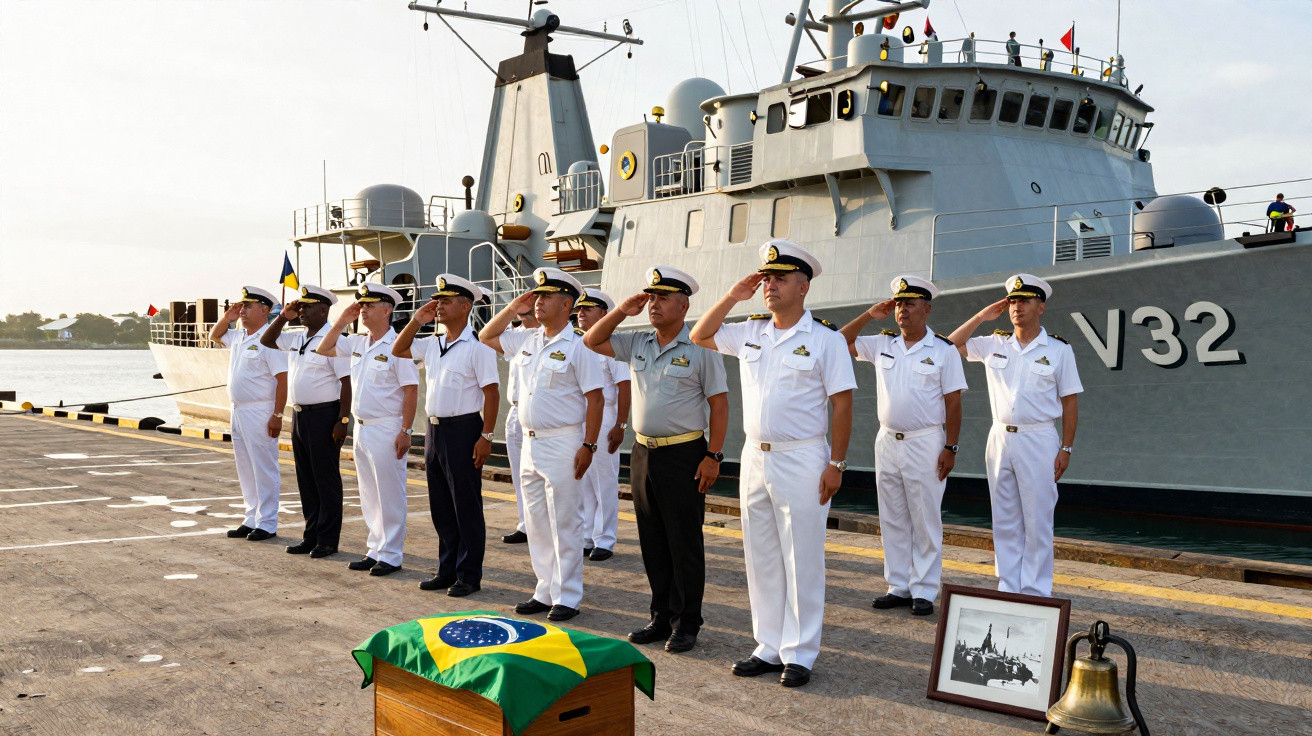 Marinheiros em uniforme branco a prestar continência junto a um caixão com bandeira do Brasil num cais naval.