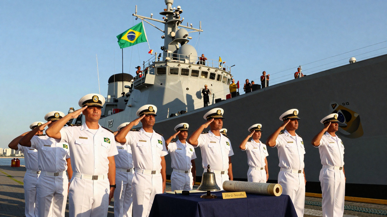 Marinheiros da marinha brasileira em uniforme branco a sair do navio de guerra São Paulo a cumprimentar.
