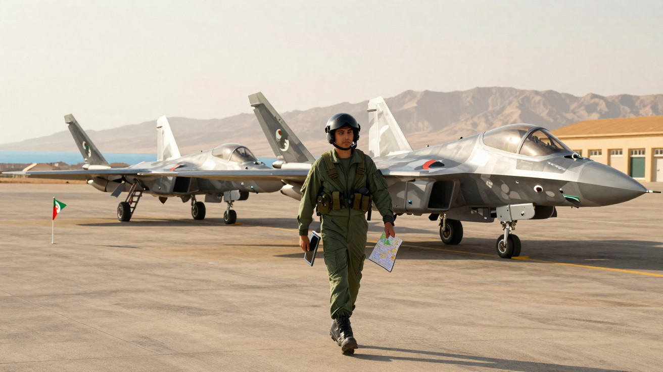 Piloto militar com fato de voo e capacete caminha na pista com mapas e dois caças atrás, montanhas ao fundo.