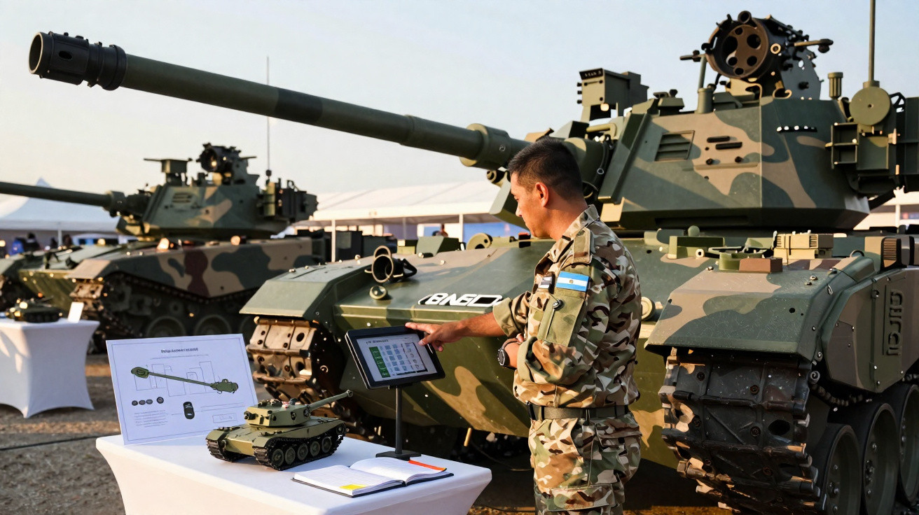 Soldado em uniforme camuflado interage com equipamento digital junto a tanques militares expostos em evento ao ar livre.