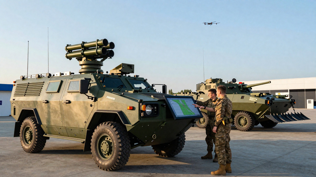Dois soldados junto a veículos militares blindados, com drone a sobrevoar em céu limpo.