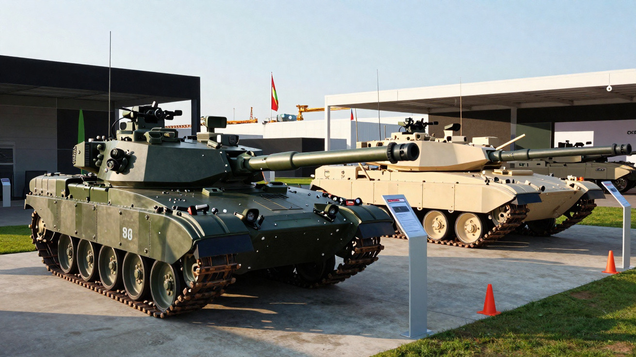 Dois tanques de guerra expostos em área ao ar livre, um verde e outro bege, com informação ao lado.