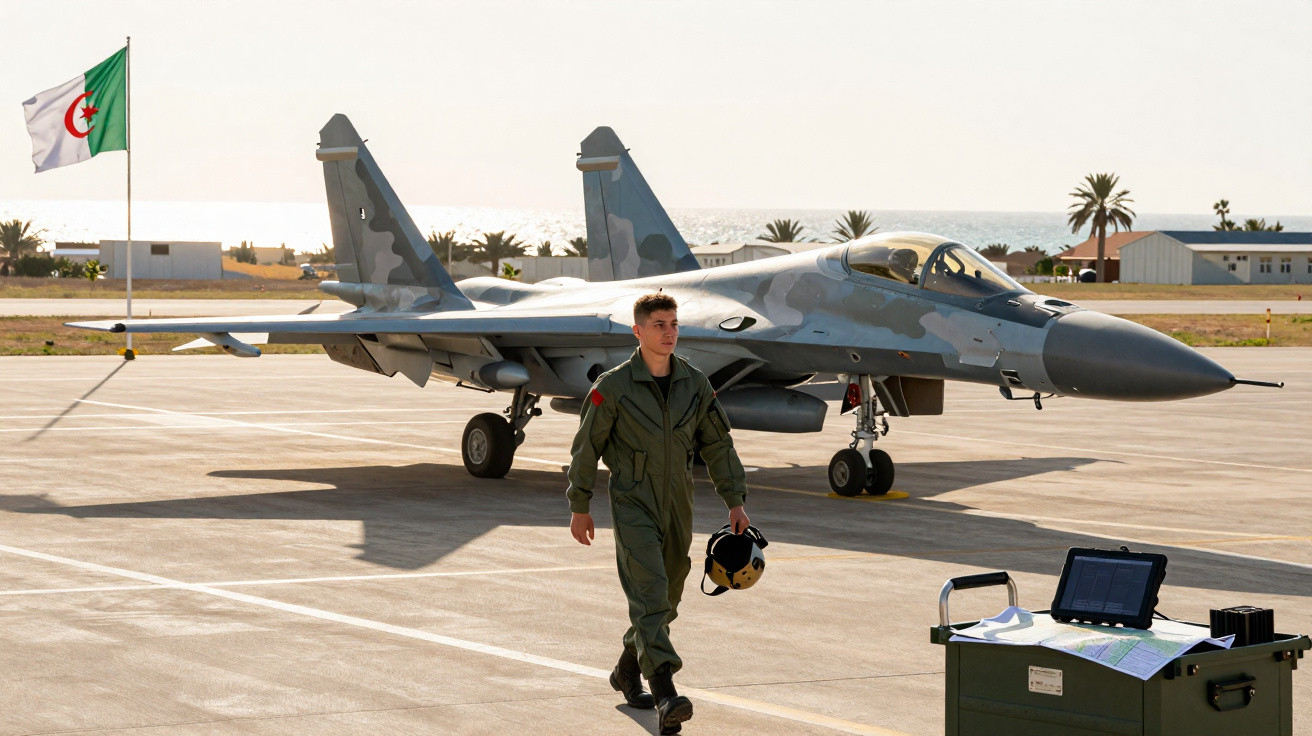 Piloto militar a caminhar na pista ao lado de jato de combate Su-30 com bandeira da Argélia ao fundo.