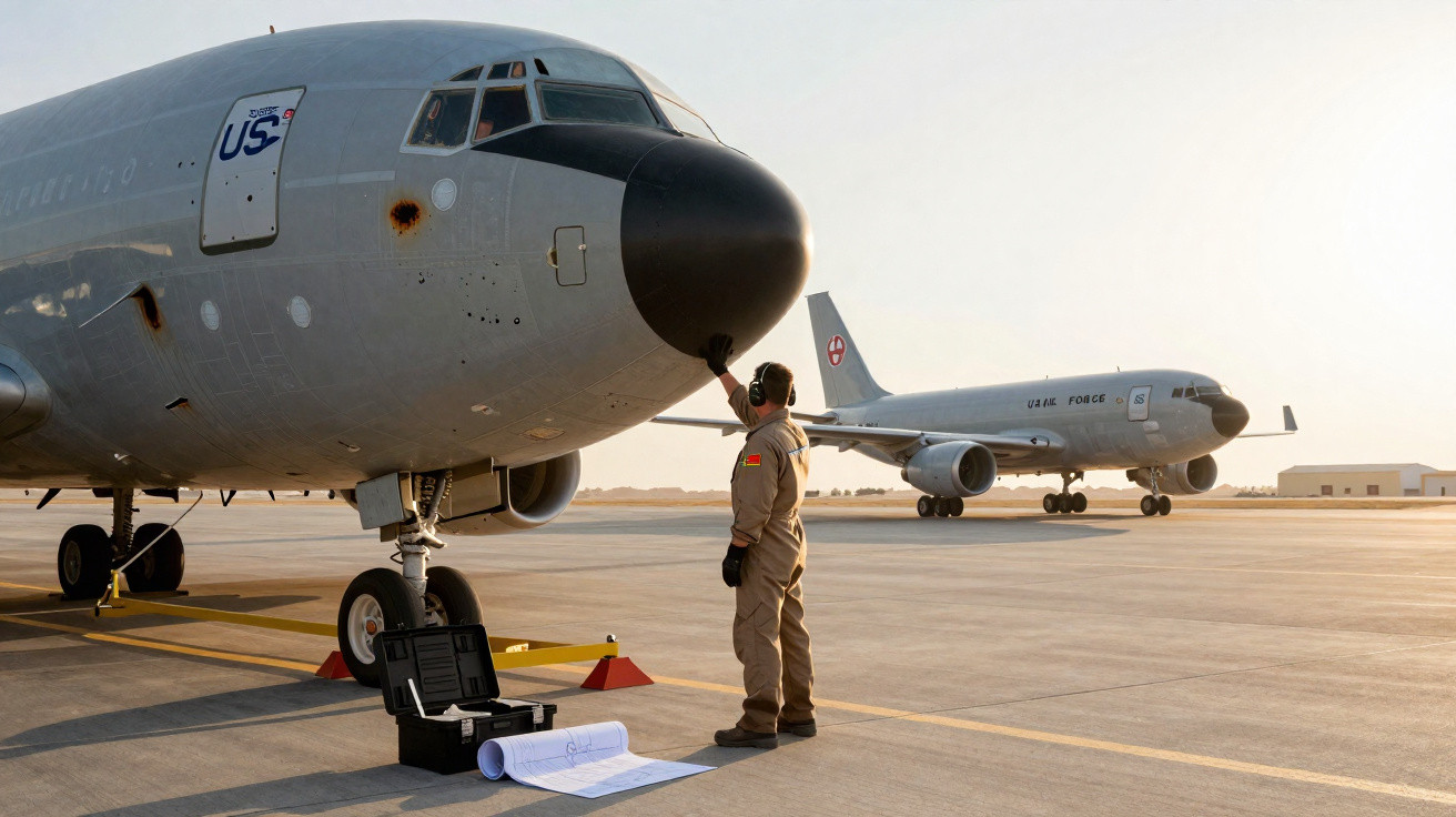 Militar em uniforme verifica avião de transporte da Força Aérea dos EUA numa pista ao pôr-do-sol.