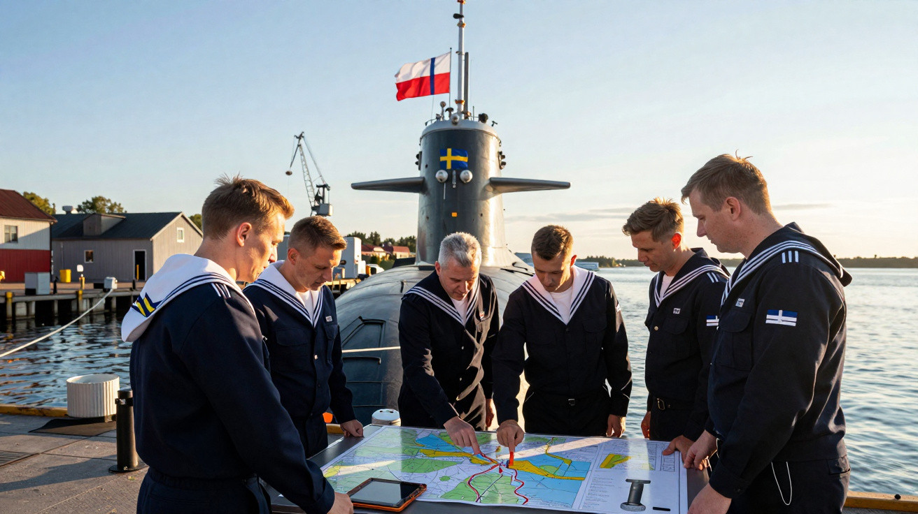 Seis marinheiros em uniforme analisam um mapa em cima de um submarino atracado num porto ao entardecer.