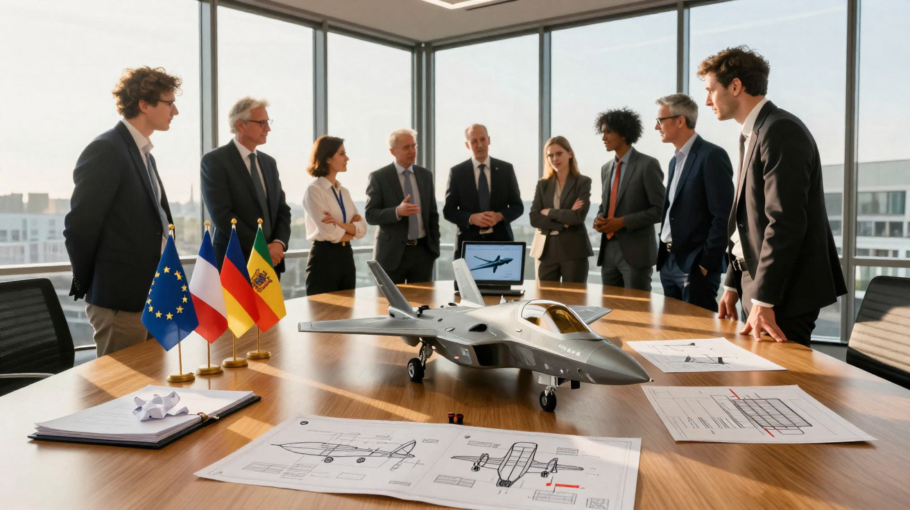 Reunião de nove profissionais em escritório moderno com maquete de avião e bandeiras da UE, França, Alemanha e Espanha.