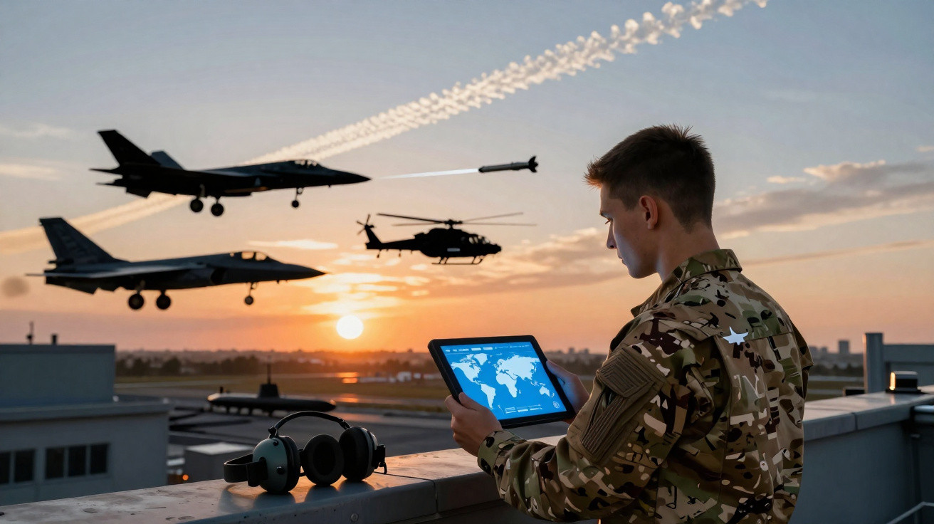 Militar em uniforme camuflado usa tablet com mapa, enquanto aviões de combate e helicóptero voam ao pôr-do-sol.