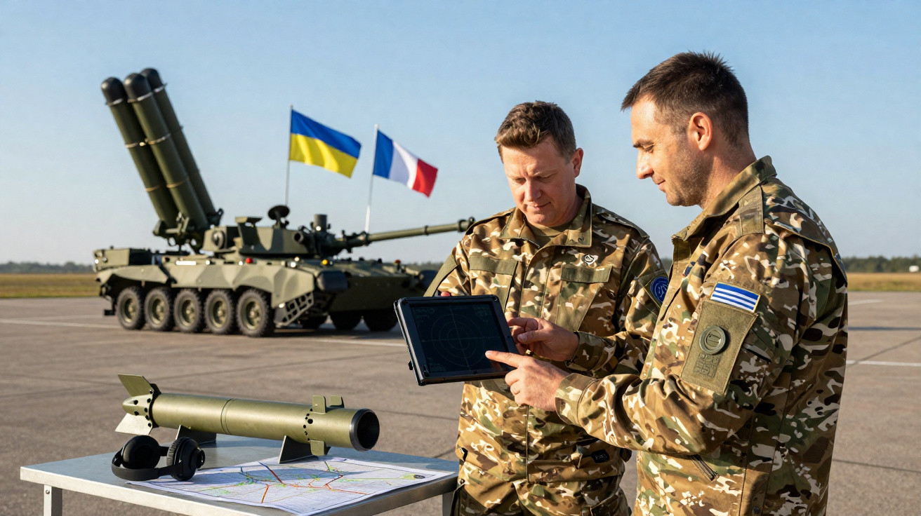 Dois soldados em uniforme camuflado analisam um tablet junto a equipamento militar e tanque com bandeiras da Ucrânia e França