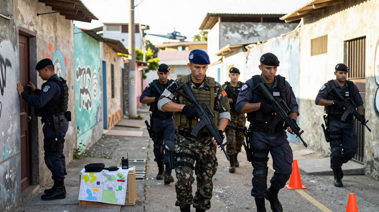 Força policial e militar armada a combater o crime numa rua estreita de bairro urbano.