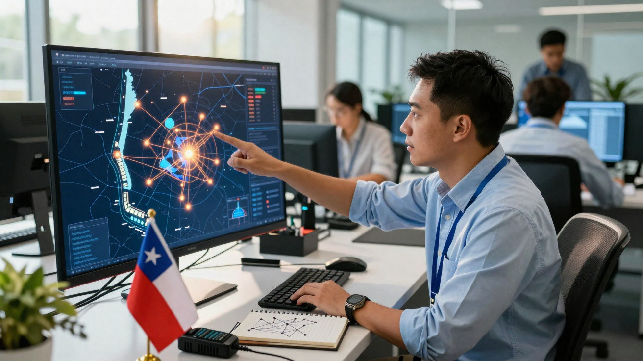 Homem a trabalhar num computador com mapa digital na tela num escritório moderno com colegas ao fundo.