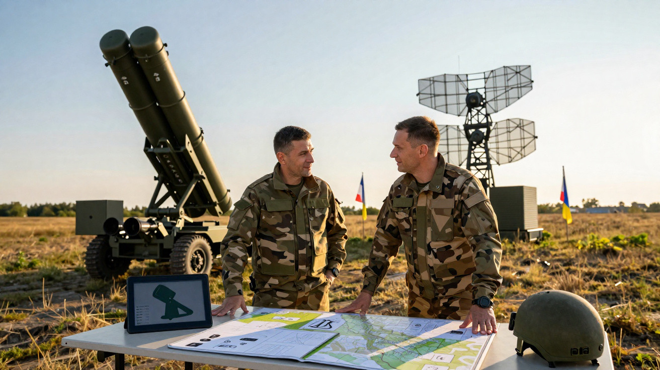 Dois soldados em uniformes camuflados consultam mapas numa mesa ao ar livre, com equipamento militar ao fundo.