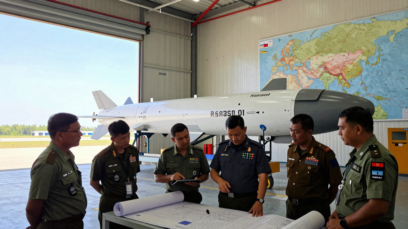 Seis militares reunidos a analisar mapas frente a uma réplica de míssil num hangar com mapa-múndi na parede.