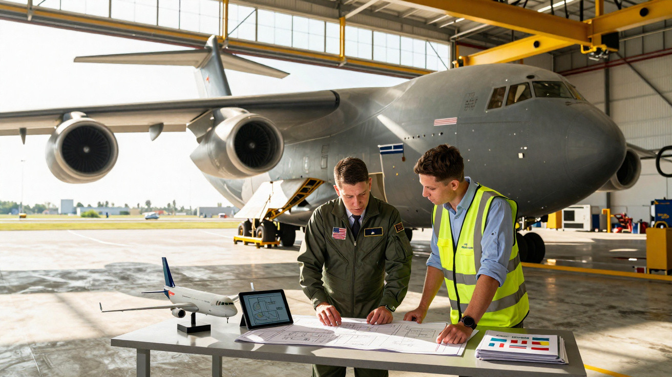 Dois homens analisam planos técnicos numa mesa com modelo de avião, em hangar com avião militar ao fundo.