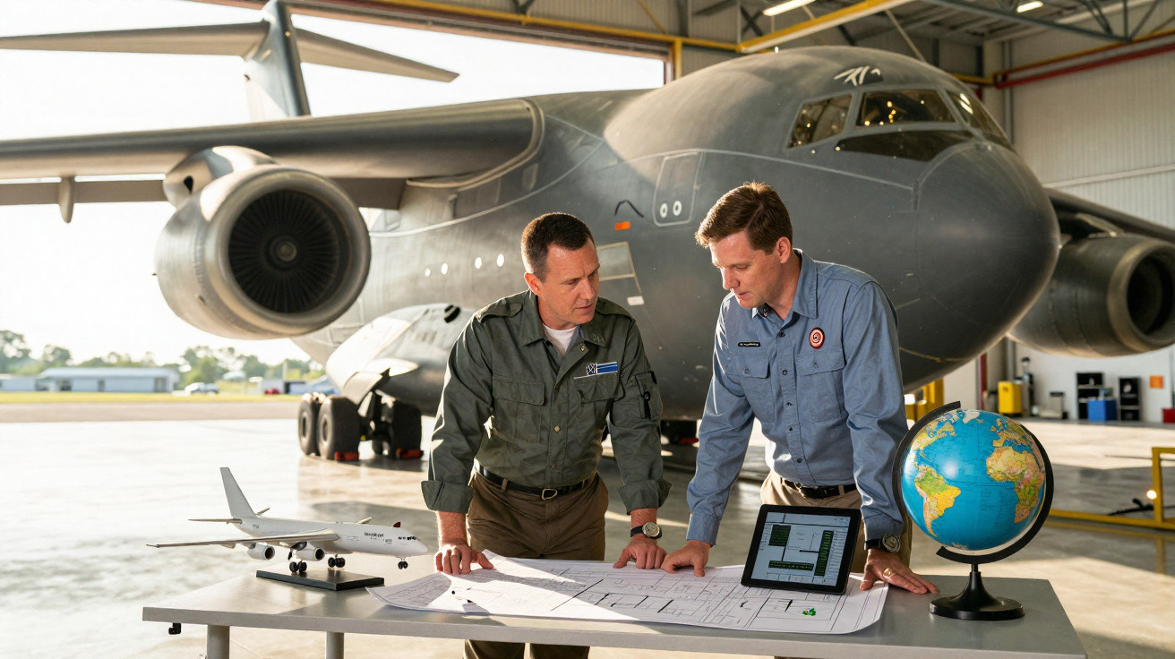Dois homens em uniforme militar planeiam ao lado de maquete de avião e globo, dentro de um hangar com avião grande.