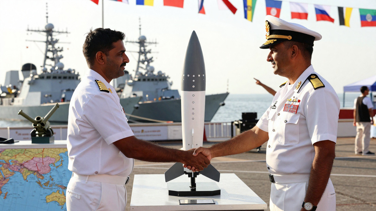 Dois oficiais da marinha apertam as mãos junto a um modelo de míssil numa doca com navios e bandeiras ao fundo.