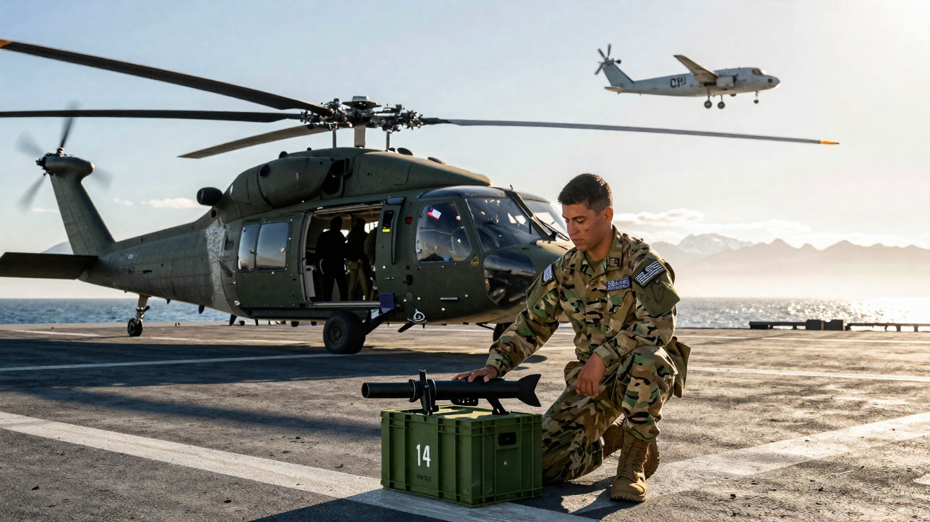 Militar com uniforme camuflado prepara arma perto de helicóptero em convés naval com avião ao fundo.