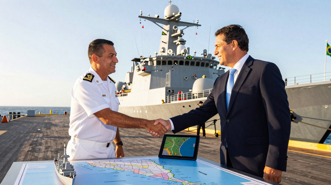 Militar da marinha e homem de negócio apertam as mãos junto a um mapa e modelo de navio no cais.