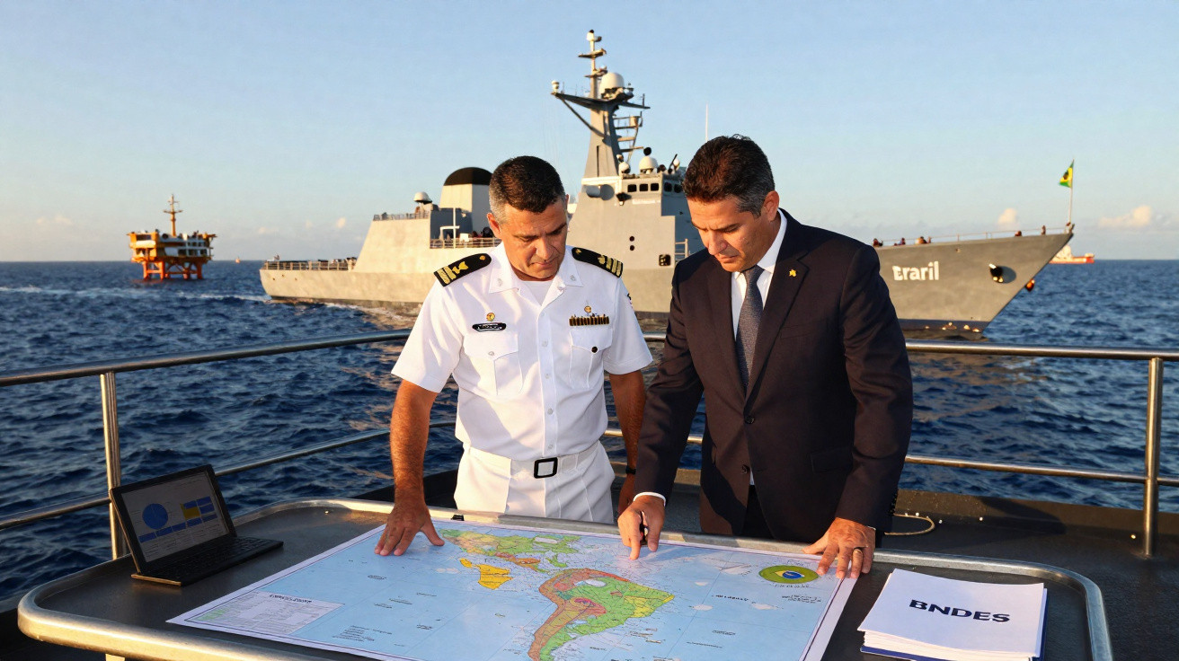 Dois homens, um fardado e outro de fato, consultam mapa náutico num barco com navio militar ao fundo.