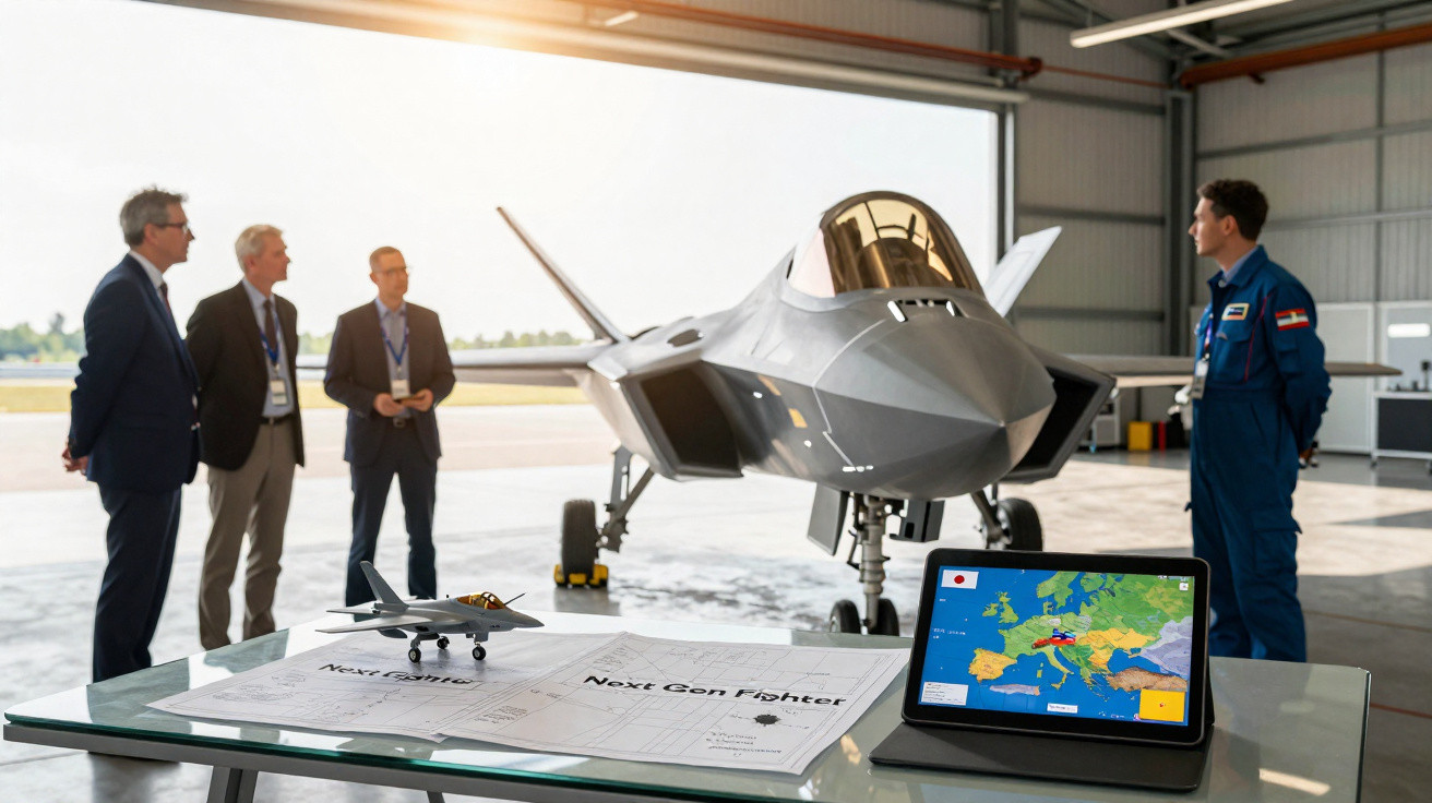 Quatro homens observam um jato de combate avançado numa hangar, com maquete e plano do avião numa mesa à frente.