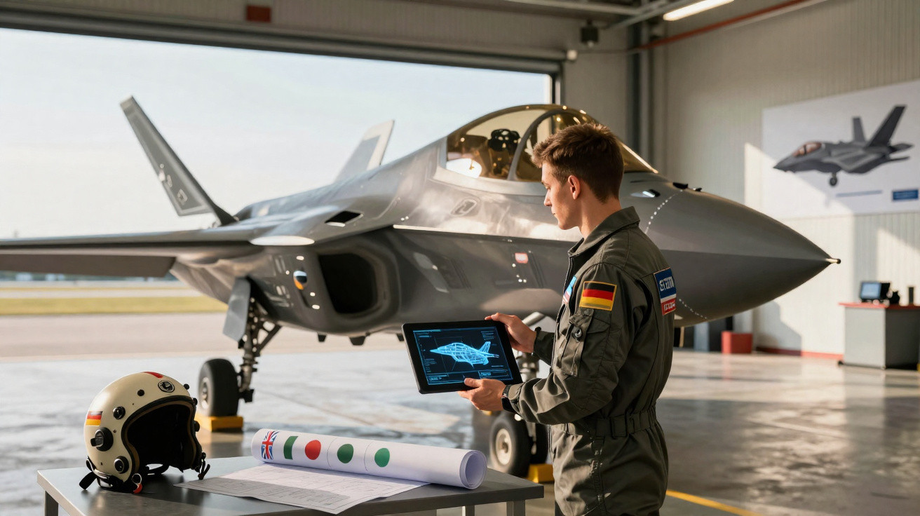 Piloto militar com uniforme observa esquema digital de jato de combate F-35 numa base aérea.