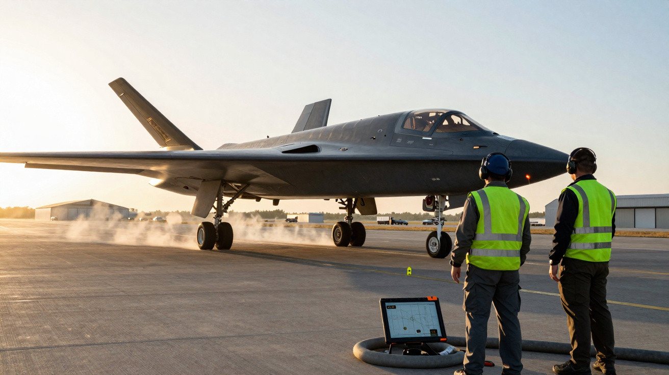 Avião militar furtivo na pista com dois técnicos de colete amarelo a operarem equipamento.