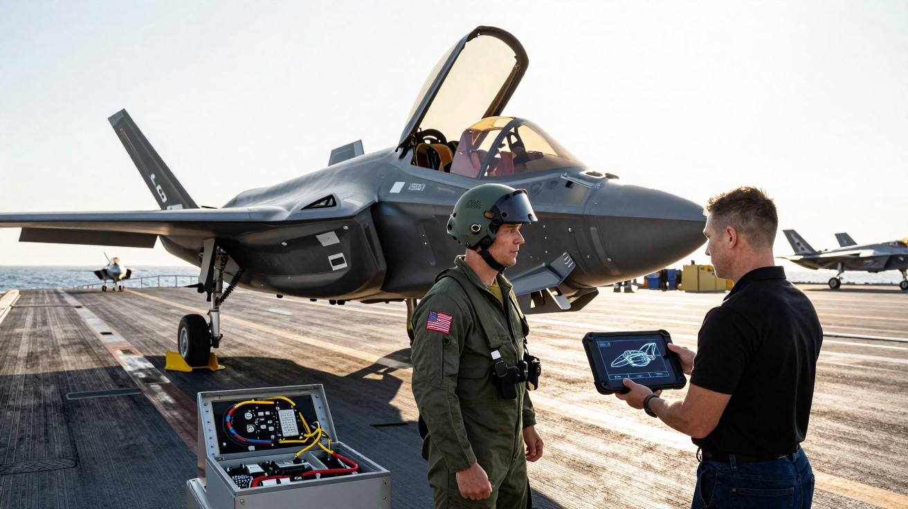 Dois homens junto a um caça F-35 numa pista de avião, um com tablet e outro com fato militar e capacete.