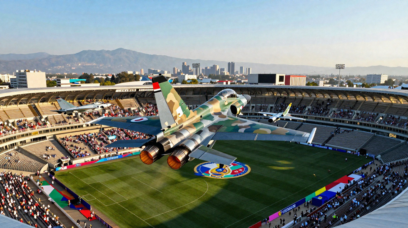 Avião militar com camuflagem voando sobre um estádio de futebol cheio de público durante o dia.