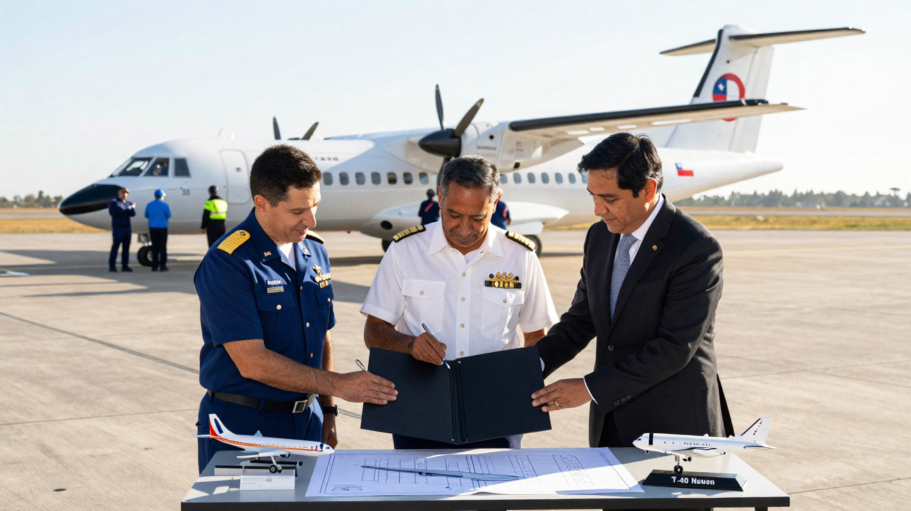 Três homens analisam documentos e plantas numa mesa ao ar livre com um avião militar ao fundo.