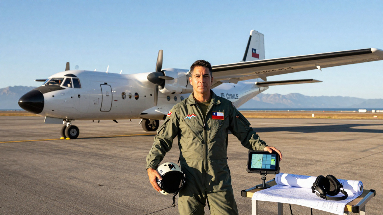 Piloto de aeronave militar chilena em pista com avião ao fundo e mesa com equipamento de navegação.