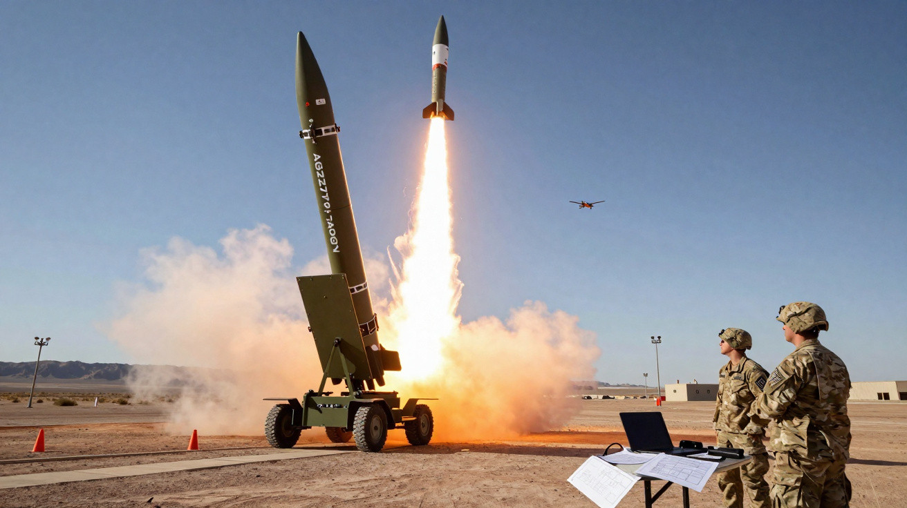 Dois militares observam lançamento de míssil a partir de equipamento móvel em zona desértica.